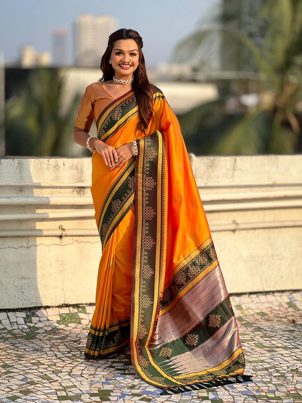 Art Soft Silk Saree with Silver Zari Temple Pallu & Golden Zari Border