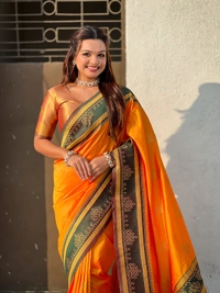 Art Soft Silk Saree with Silver Zari Temple Pallu & Golden Zari Border - FREE, RANGOLI-ORANGE