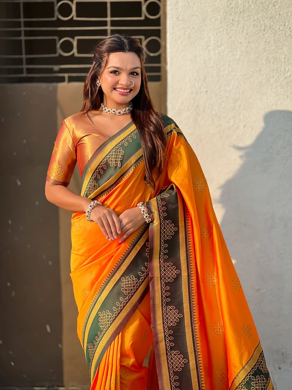 Art Soft Silk Saree with Silver Zari Temple Pallu & Golden Zari Border - FREE, RANGOLI-ORANGE