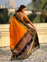 Art Soft Silk Saree with Silver Zari Temple Pallu & Golden Zari Border - FREE, RANGOLI-ORANGE