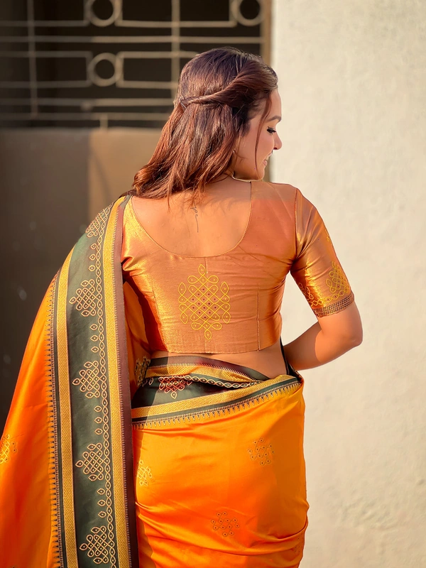 Art Soft Silk Saree with Silver Zari Temple Pallu & Golden Zari Border - FREE, RANGOLI-ORANGE