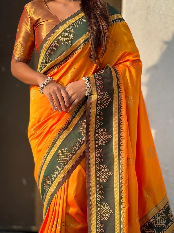 Art Soft Silk Saree with Silver Zari Temple Pallu & Golden Zari Border - FREE, RANGOLI-ORANGE
