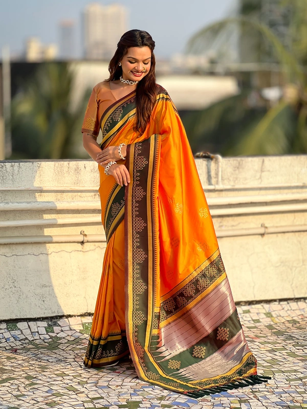 Art Soft Silk Saree with Silver Zari Temple Pallu & Golden Zari Border - FREE, RANGOLI-ORANGE