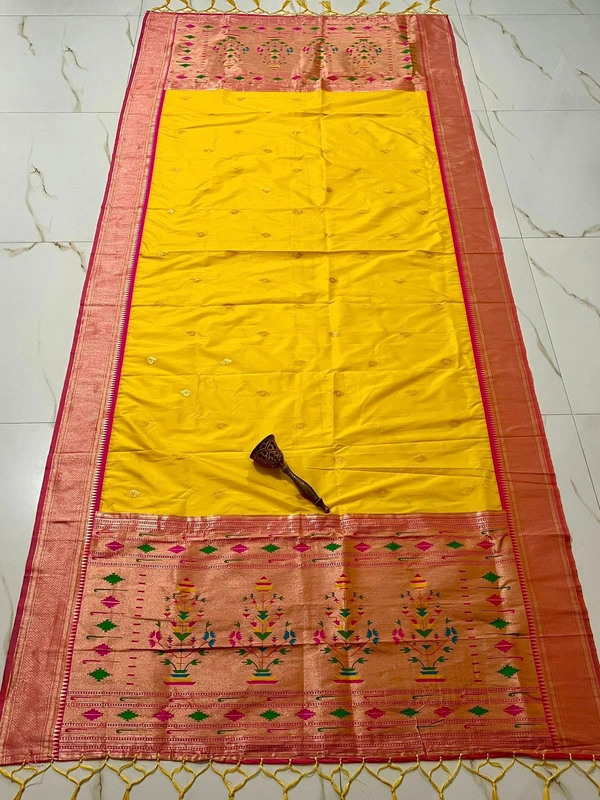 Auspicious Yellow Soft Silk Dupatta with Beautiful Meenakari Style Guldasta Weaving Rich - 2.5mt, Yellow