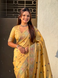 Authentic Baluchari Soft Silk Saree with Meenakari Flower Motifs & Rich Woven Pallu - FREE, CHICKOO