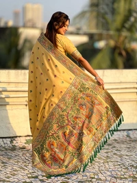 Authentic Baluchari Soft Silk Saree with Meenakari Flower Motifs & Rich Woven Pallu - FREE, CHICKOO