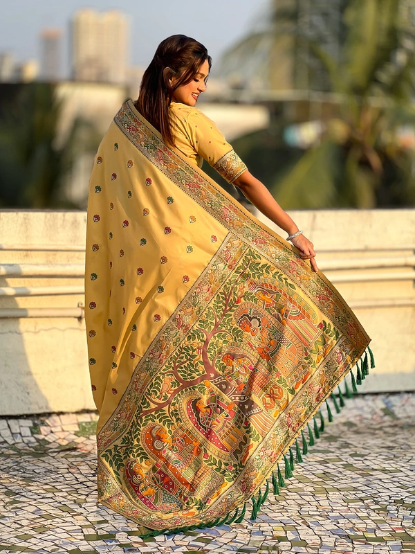 Authentic Baluchari Soft Silk Saree with Meenakari Flower Motifs & Rich Woven Pallu - FREE, CHICKOO