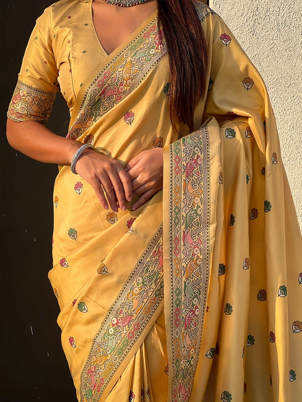 Authentic Baluchari Soft Silk Saree with Meenakari Flower Motifs & Rich Woven Pallu - FREE, CHICKOO