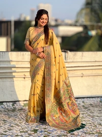 Authentic Baluchari Soft Silk Saree with Meenakari Flower Motifs & Rich Woven Pallu - FREE, CHICKOO