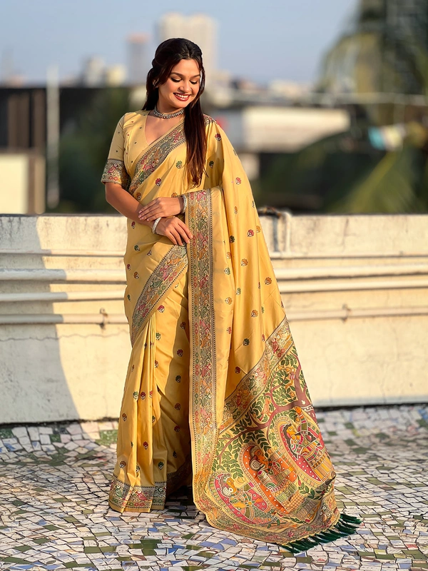 Authentic Baluchari Soft Silk Saree with Meenakari Flower Motifs & Rich Woven Pallu - FREE, CHICKOO