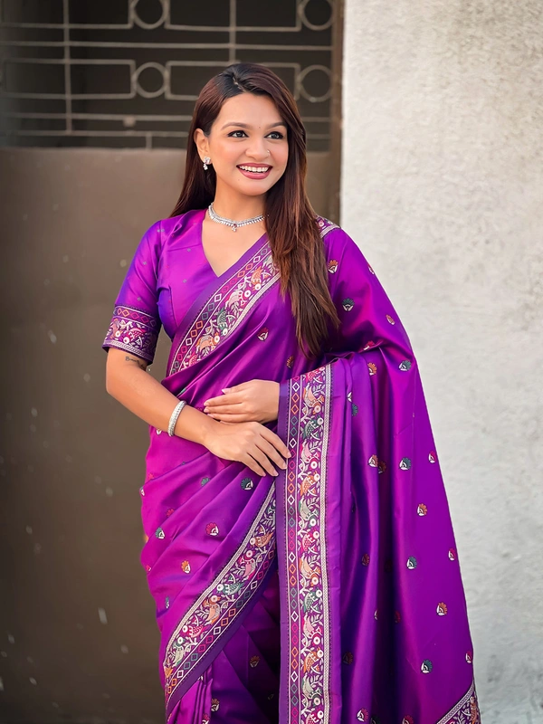 Authentic Baluchari Soft Silk Saree with Meenakari Flower Motifs & Rich Woven Pallu - FREE, PURPLE