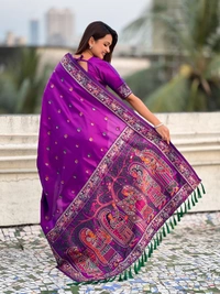 Authentic Baluchari Soft Silk Saree with Meenakari Flower Motifs & Rich Woven Pallu - FREE, PURPLE