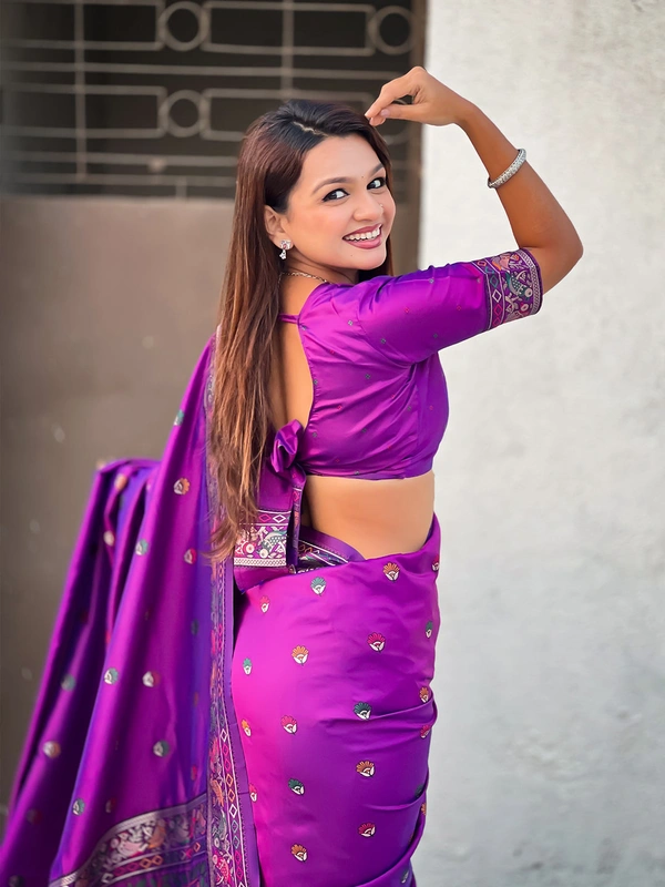 Authentic Baluchari Soft Silk Saree with Meenakari Flower Motifs & Rich Woven Pallu - FREE, PURPLE