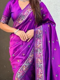 Authentic Baluchari Soft Silk Saree with Meenakari Flower Motifs & Rich Woven Pallu - FREE, PURPLE