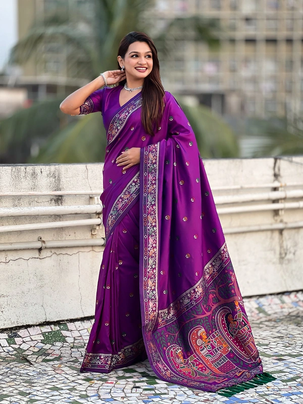 Authentic Baluchari Soft Silk Saree with Meenakari Flower Motifs & Rich Woven Pallu - FREE, PURPLE
