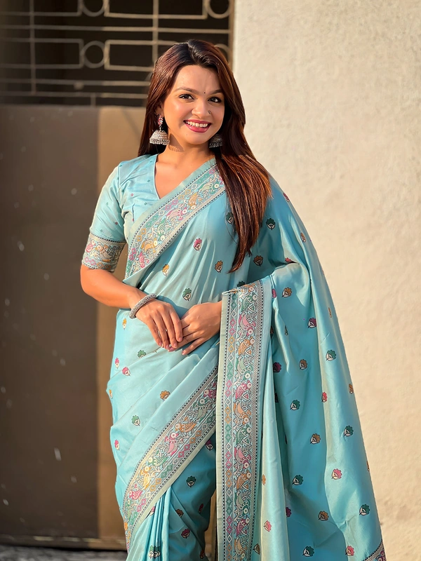 Authentic Baluchari Soft Silk Saree with Meenakari Flower Motifs & Rich Woven Pallu - FREE, SEA GREEN
