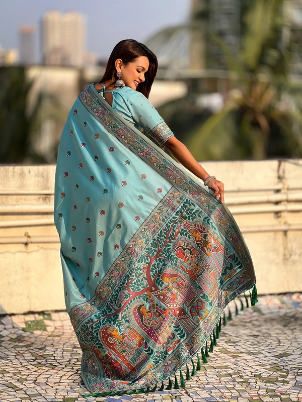 Authentic Baluchari Soft Silk Saree with Meenakari Flower Motifs & Rich Woven Pallu - FREE, SEA GREEN