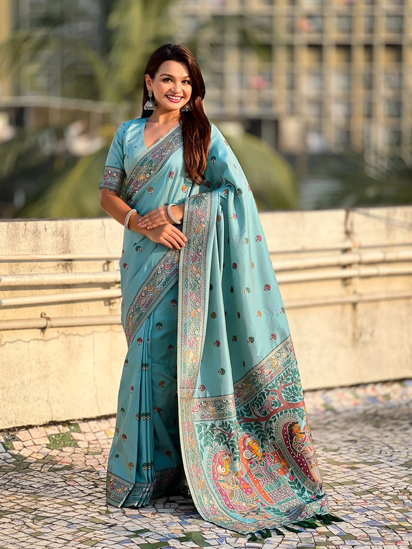 Authentic Baluchari Soft Silk Saree with Meenakari Flower Motifs & Rich Woven Pallu - FREE, SEA GREEN
