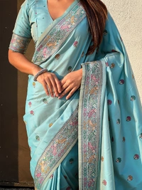 Authentic Baluchari Soft Silk Saree with Meenakari Flower Motifs & Rich Woven Pallu - FREE, SEA GREEN