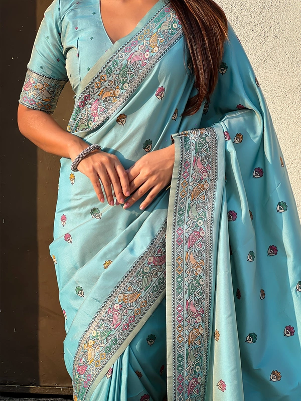 Authentic Baluchari Soft Silk Saree with Meenakari Flower Motifs & Rich Woven Pallu - FREE, SEA GREEN
