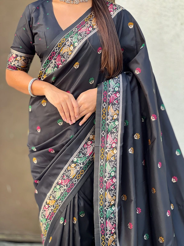Authentic Baluchari Soft Silk Saree with Meenakari Flower Motifs & Rich Woven Pallu - FREE, BLACK