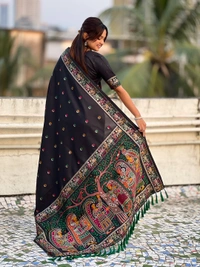 Authentic Baluchari Soft Silk Saree with Meenakari Flower Motifs & Rich Woven Pallu - FREE, BLACK