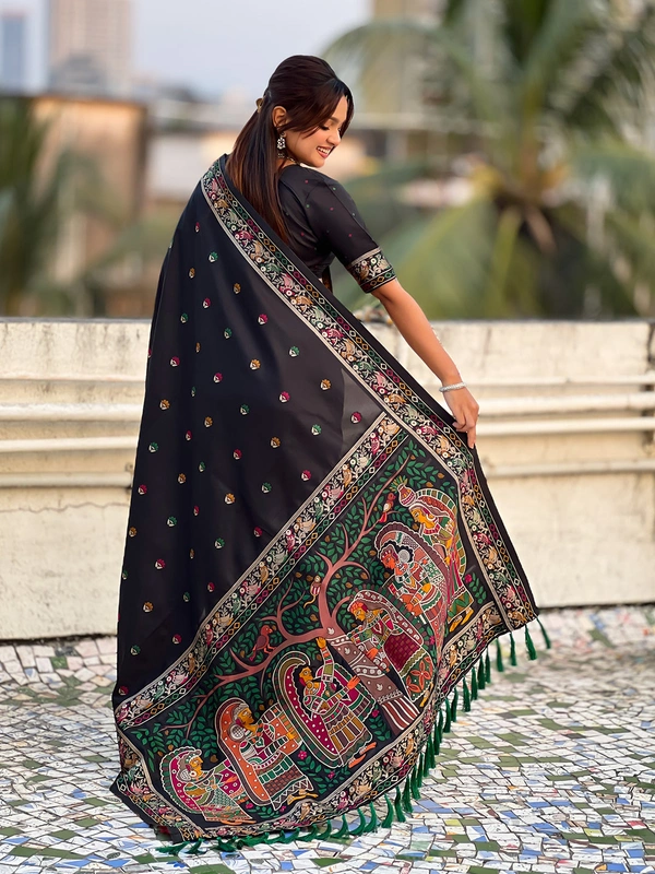 Authentic Baluchari Soft Silk Saree with Meenakari Flower Motifs & Rich Woven Pallu - FREE, BLACK