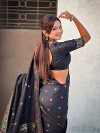 Authentic Baluchari Soft Silk Saree with Meenakari Flower Motifs & Rich Woven Pallu - FREE, BLACK