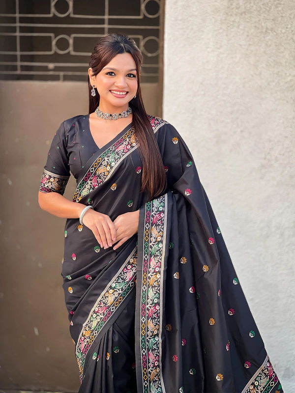 Authentic Baluchari Soft Silk Saree with Meenakari Flower Motifs & Rich Woven Pallu - FREE, BLACK