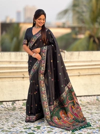 Authentic Baluchari Soft Silk Saree with Meenakari Flower Motifs & Rich Woven Pallu - FREE, BLACK
