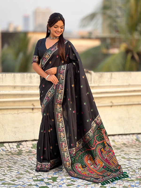 Authentic Baluchari Soft Silk Saree with Meenakari Flower Motifs & Rich Woven Pallu - FREE, BLACK