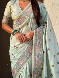 Authentic Baluchari Soft Silk Saree with Meenakari Flower Motifs & Rich Woven Pallu - FREE, SKY