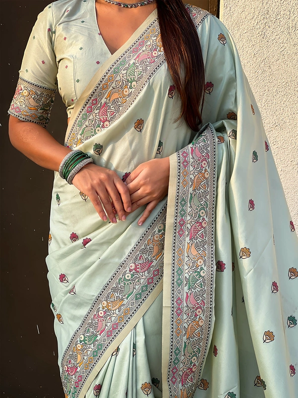 Authentic Baluchari Soft Silk Saree with Meenakari Flower Motifs & Rich Woven Pallu - FREE, SKY
