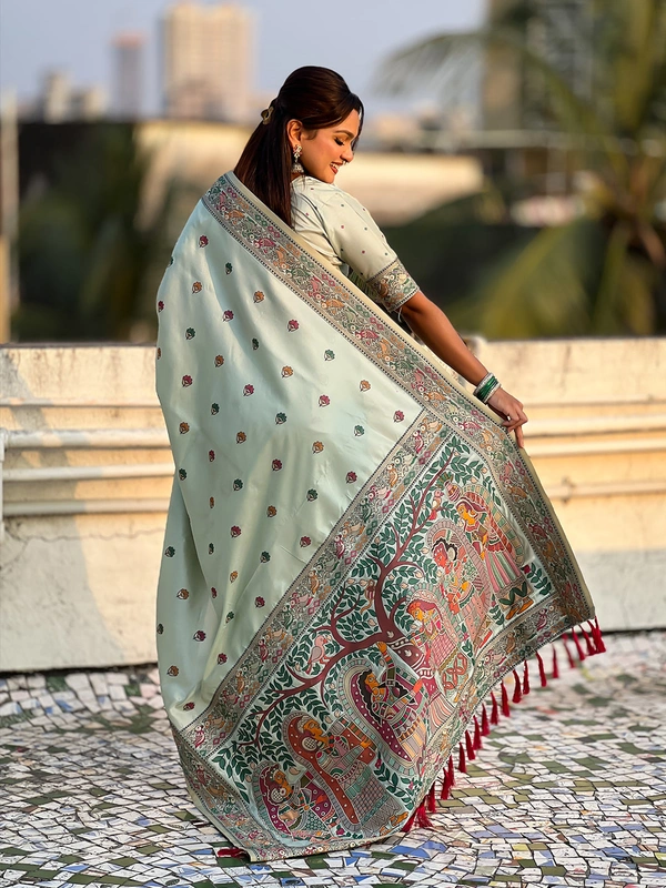 Authentic Baluchari Soft Silk Saree with Meenakari Flower Motifs & Rich Woven Pallu - FREE, SKY