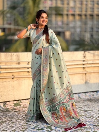 Authentic Baluchari Soft Silk Saree with Meenakari Flower Motifs & Rich Woven Pallu - FREE, SKY