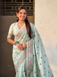 Authentic Baluchari Soft Silk Saree with Meenakari Flower Motifs & Rich Woven Pallu - FREE, SKY
