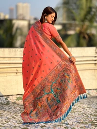 Authentic Baluchari Soft Silk Saree with Meenakari Flower Motifs & Rich Woven Pallu - FREE, PEACH