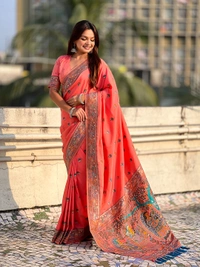 Authentic Baluchari Soft Silk Saree with Meenakari Flower Motifs & Rich Woven Pallu - FREE, PEACH