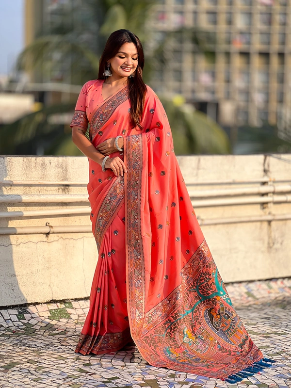 Authentic Baluchari Soft Silk Saree with Meenakari Flower Motifs & Rich Woven Pallu - FREE, PEACH