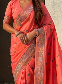Authentic Baluchari Soft Silk Saree with Meenakari Flower Motifs & Rich Woven Pallu - FREE, PEACH