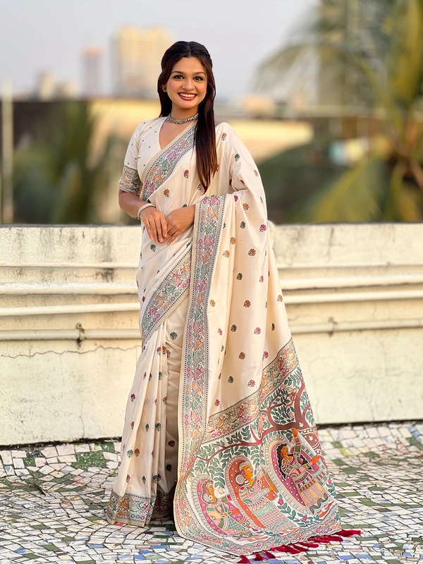 Authentic Baluchari Soft Silk Saree with Meenakari Flower Motifs & Rich Woven Pallu