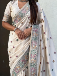 Authentic Baluchari Soft Silk Saree with Meenakari Flower Motifs & Rich Woven Pallu - FREE, CREAM