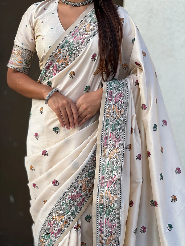Authentic Baluchari Soft Silk Saree with Meenakari Flower Motifs & Rich Woven Pallu - FREE, CREAM
