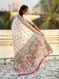 Authentic Baluchari Soft Silk Saree with Meenakari Flower Motifs & Rich Woven Pallu - FREE, CREAM