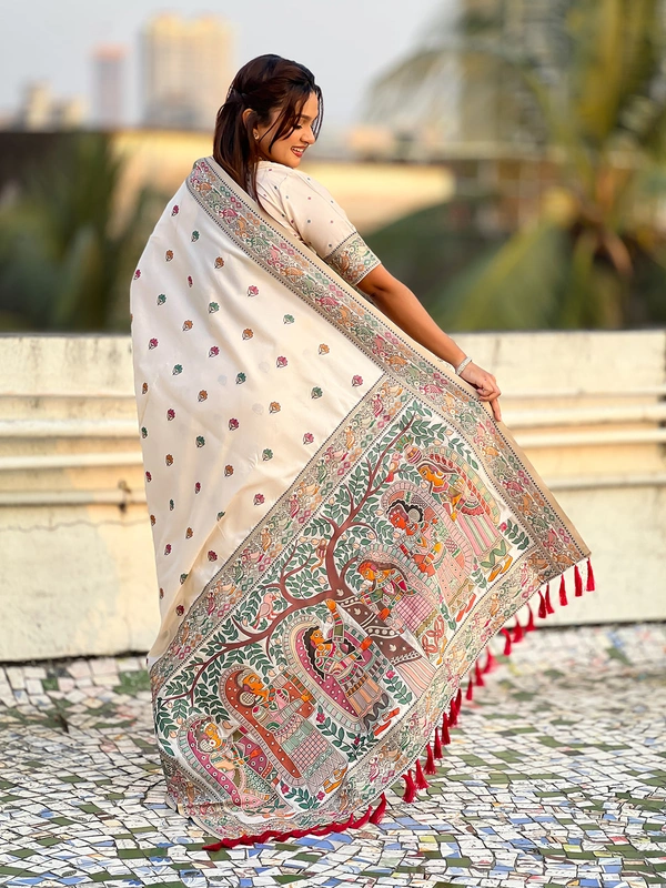 Authentic Baluchari Soft Silk Saree with Meenakari Flower Motifs & Rich Woven Pallu - FREE, CREAM