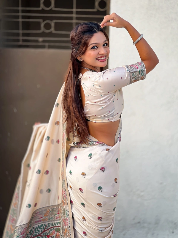 Authentic Baluchari Soft Silk Saree with Meenakari Flower Motifs & Rich Woven Pallu - FREE, CREAM