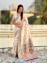 Authentic Baluchari Soft Silk Saree with Meenakari Flower Motifs & Rich Woven Pallu - FREE, CREAM