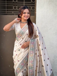 Authentic Baluchari Soft Silk Saree with Meenakari Flower Motifs & Rich Woven Pallu - FREE, CREAM