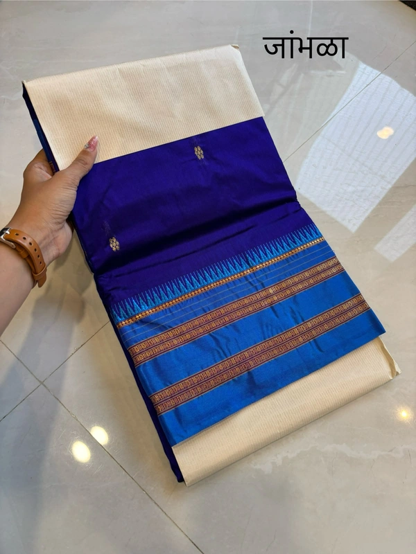 Authentic Handloom Narayanpeth Saree Dark Indigo Purple with Blue Zari Border - Free, Dark Indigo