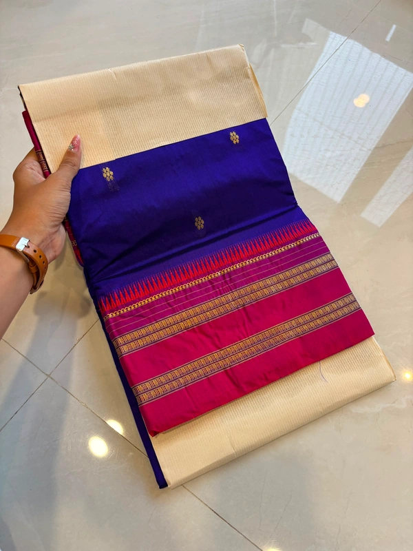 Authentic Handloom Narayanpeth Saree Navy Blue with Contrast Magenta Pink Temple Border - Free, Navy Blue